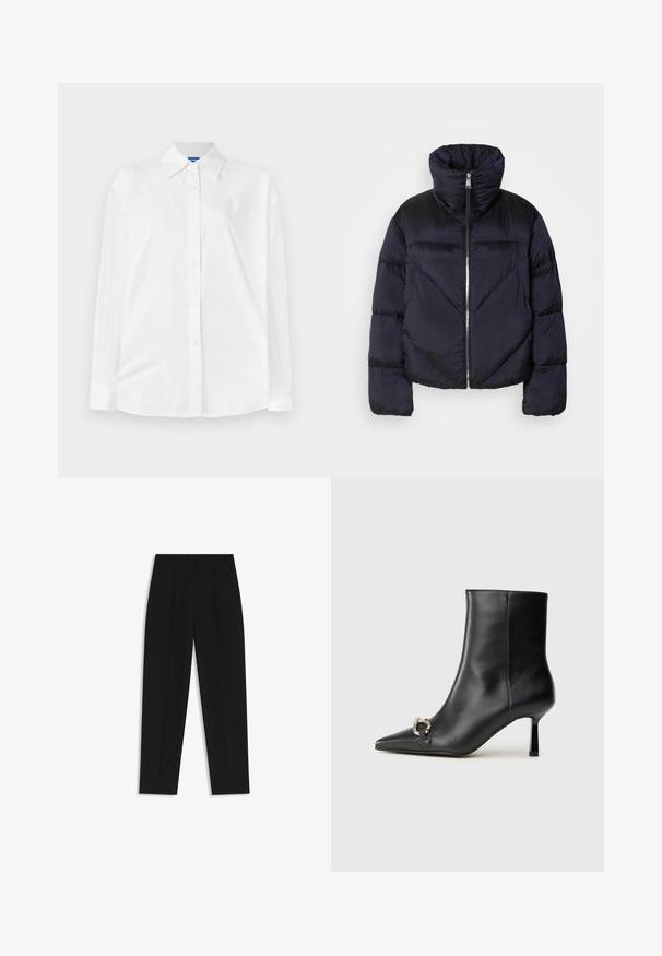 Pufferjack in donker marineblauw met hoge kraag, voorzien van een metallic rits en diagonale naaddetails. Gemaakt van een lichte, glanzende stof.; Witte blouse met een klassieke kraag, lange mouwen en een subtiele tonale print. Soepele katoenstof met een comfortabele pasvorm.; Zwarte broeken met een rechte pasvorm, voorzien van dubbele plooien, een zachte textuur en een klassiek taillebandontwerp. Geen zichtbare hardware of accenten.; Zwarte leren enkelboot met spitse neus, slanke middenhoge hak en zilveren gespdetail aan de zijkant op een effen achtergrond.