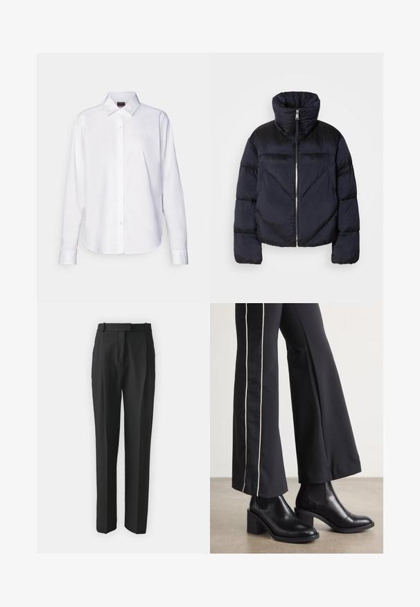 Sötét navy színű pufi dzseki magas gallérral, fém cipzárral és átlós varrásokkal. Könnyű, fényes anyagból készült.; Fehér, hosszú ujjú, gombos ing, pamutból készült. Klasszikus gallér jellemzi, és finoman hímzett márkajelzés található a mellrészen. Sima tapintású.; Fekete, testre szabott nadrág, könnyű anyagból készült, egyenes szabású, lapos elülső résszel és övhurkokkal. Simának tűnő textúra, látható minták nélkül.; Fekete bőr bokacsizma, tömbsarkúval, oldalán rugalmasszal ellátott panelek találhatók. Fekete nadrággal párosítva, amelynek fehér oldalsávja van.
