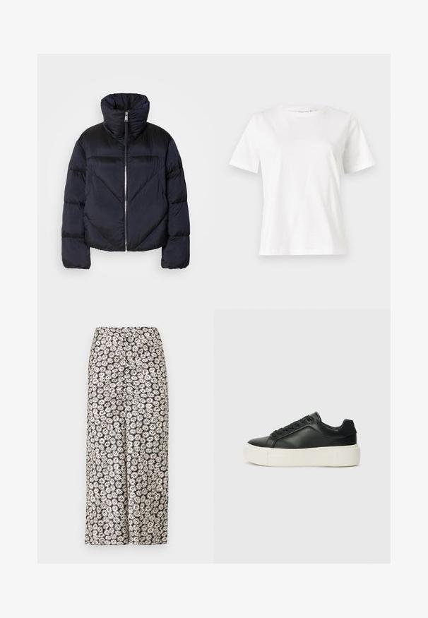 Sötét navy színű pufi dzseki magas gallérral, fém cipzárral és átlós varrásokkal. Könnyű, fényes anyagból készült.; Fehér pamut póló rövid ujjakkal, kerek nyakkivágással és laza szabással. Sima textúra, nincsenek minták vagy díszítések, minimalista dizájn.; Virágmintás, bővülő nadrág fekete háttéren fehér százszorszépekkel és piros kiegészítőkkel, könnyű anyagból, sima textúrával.; Fekete bőr sportcipő lekerekített orral, fehér platformtalppal és fekete fűzőkkel. Diszkrét logó található a sarokon és sima felülete van.