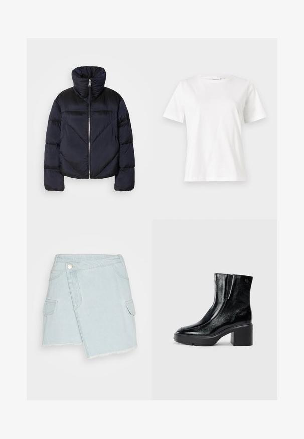 Jachetă puffer în navy închis cu guler înalt, având un fermoar metalic și detalii cu cusături diagonale. Fabricată dintr-un material ușor și lucios.; Tricou alb din bumbac cu mâneci scurte, guler rotund și o croială relaxată. Textură netedă, fără imprimeuri sau accente, design minimalist.; Fustă din denim albastru deschis, cu margini desfăcute, închidere cu butoni pe față și două buzunare laterale. Are un croi confortabil și o textură fină.; Bocanci de gleznă din piele lacuită neagră, cu vârf curbat, panouri elastice pe laterale și toc bloc masiv. Prezintă un logo embosat pe spate.