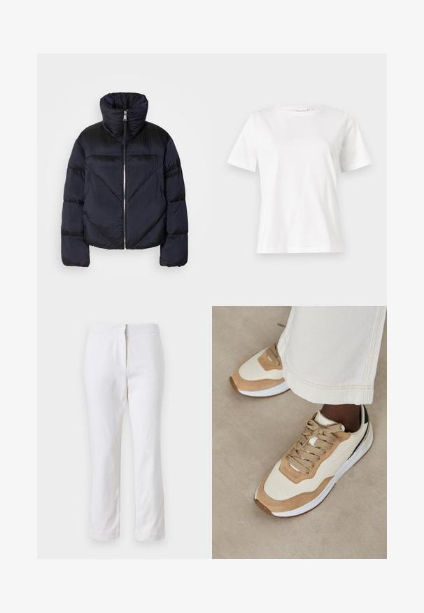 Puffer jacket in dark navy with high collar, featuring a metallic zipper and diagonal seam detailing. Made from lightweight, shiny fabric.; White cotton t-shirt with short sleeves, round neckline, and a relaxed fit. Smooth texture, no patterns or accents, minimalistic design.; White cotton pants with a straight leg design, featuring a mid-rise waist and no visible hardware or patterns. Smooth texture throughout.; Beige and light brown sneakers with a smooth upper, textured suede accents, flat laces, and a white rubber sole.