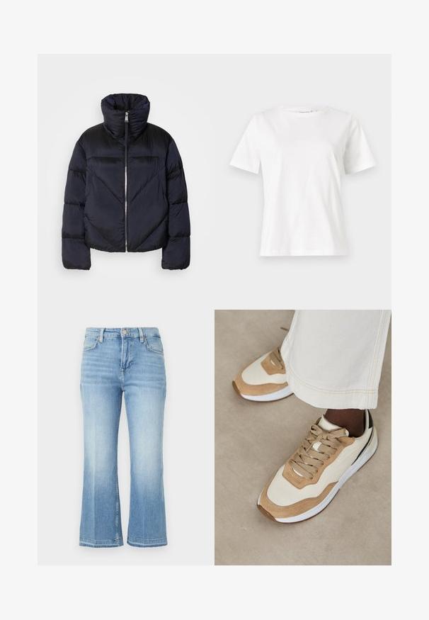 Dunjacka i mörk marinblå med hög krage, utrustad med en metallisk dragkedja och diagonala sömmar. Tillverkad av lätt, glansigt tyg.; Vit bomullströja med korta ärmar, rund halsringning och en avslappnad passform. Slät textur, inga mönster eller detaljer, minimalistisk design.; Ljusblå denimjeans med hög midja, vida utsvängda ben, blekt mönster och stickade detaljer på fickor och fåll.; Beiga och ljusbruna sneakers med en slät ovandel, texturerade mockadetaljer, plana snörningar och en vit gummisula.