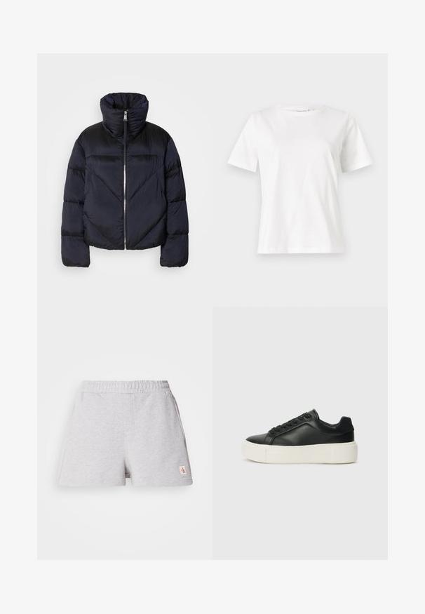 Tumši jūraszila pūkainā jaka ar augstu apkakli, ar metāla rāvējslēdzēju un diagonālām šuvēm. Izgatavota no viegla, spīdīga auduma.; Baltas kokvilnas T-krekls ar īsām piedurknēm, apaļu kakla izgriezumu un brīvu piegriezumu. Gluda tekstūra, bez rakstiem vai akcentiem, minimālistisks dizains.; Pelēki kokvilnas šorti ar elastīgu jostu, sānu kabatām un mazu logotipa uzšuvi uz apakšmalas. Mīksta tekstūra, brīvs griezums, ikdienišķs dizains.; Melnas ādas kedas ar noapaļotu pirkstu, baltu platformas zoli un melnām auklām. Iespējams, satur diskrētu logo uz papēža un gludu tekstūru.