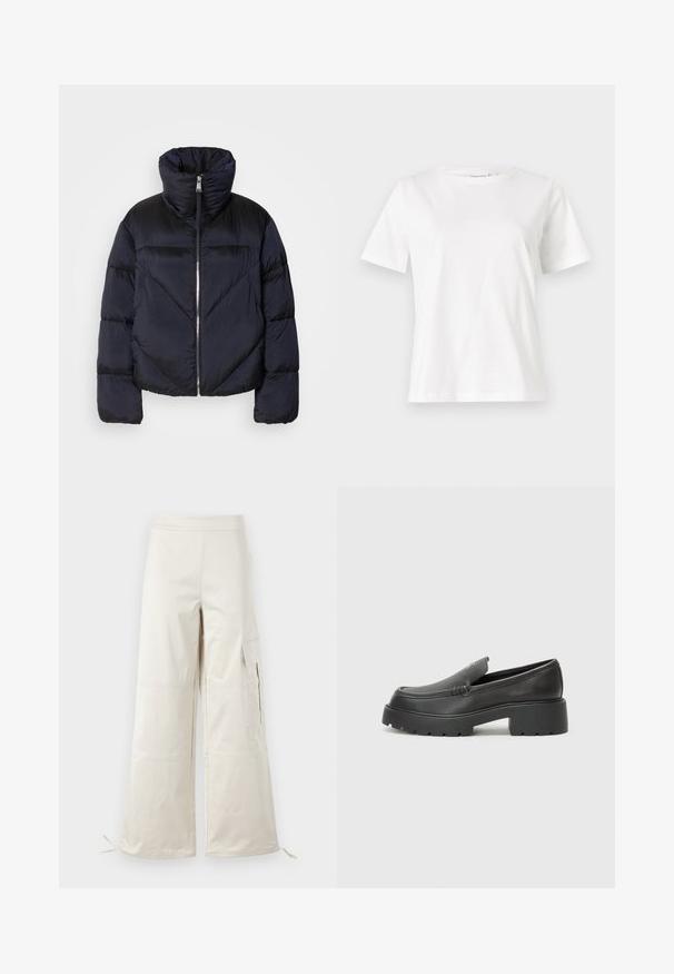 Puffervest i mørk navy med høj krave, prydet med en metallisk lynlås og skrå sømdetaljer. Lavet af let, skinnende stof.; Hvid bomulds t-shirt med korte ærmer, rund halsudskæring og en afslappet pasform. Glat tekstur, ingen mønstre eller accenter, minimalistisk design.; Beige brede benbukser lavet af letvægtsmateriale, med cargo-lommer og justerbare snore ved kanten for en tilpasselig pasform.; Sorte læder loafers med rund tå, tyk tekstureret sål og minimale syninger. Elegant design uden synlige snørebånd eller hardware.