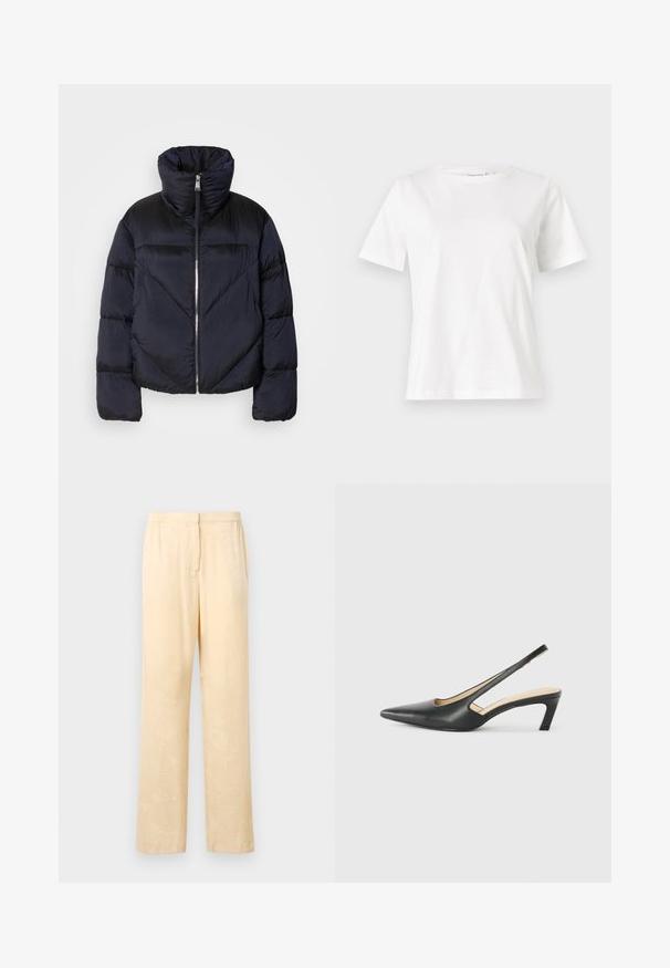 Puchowa kurtka w ciemnym granacie z wysokim kołnierzem, z metalowym zamkiem błyskawicznym i ukośnymi przeszyciami. Wykonana z lekkiego, błyszczącego materiału.; Biała bawełniana koszulka z krótkim rękawem, okrągłym dekoltem i luźnym krojem. Gładka tekstura, brak wzorów lub dodatków, minimalistyczny design.; Jasnożółte, luźne spodnie z subtelnym wzorem liści. Posiadają elastyczny pas i prostą nogawkę. Gładka textura.; Czarny but na obcasie typu slingback z ostro zakończonym noskiem, z niskim obcasem, wykonany z gładkiej skóry, z wycięciem po boku dla lepszej wentylacji.