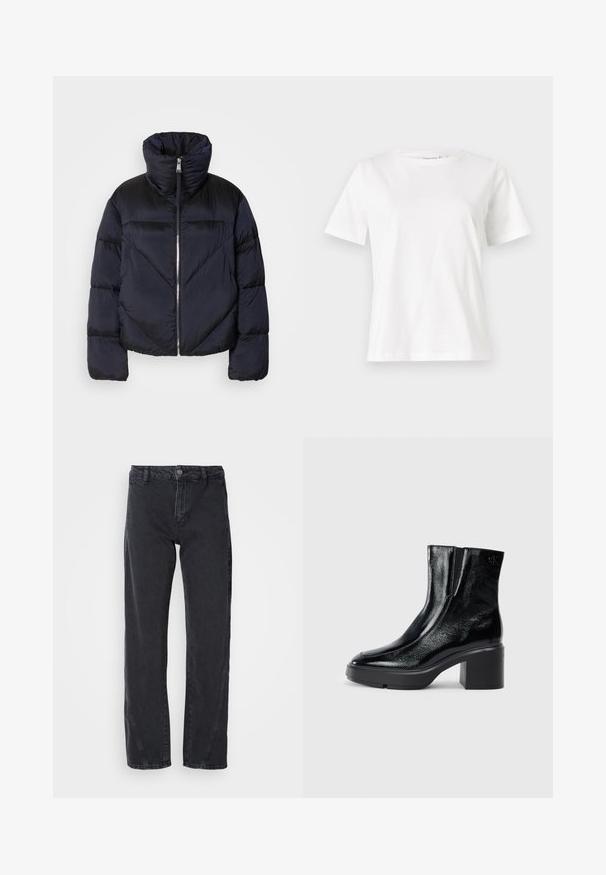 Puffjakke i mørk marineblå med høy krage, med metallglidelås og diagonale sømdetaljer. Laget av lett, glinsende stoff.; Hvit bomull t-skjorte med korte ermer, rund hals og avslappet passform. Glatt tekstur, ingen mønstre eller detaljer, minimalistisk design.; Svarte denimjeans med rett ben-design, med midjehøyde, knappelukking og dekorative sømmer langs sidesømmene.; Sorte lakkskinn ankelstøvler med buet tå, elastiske sidestykker og en chunky klossheel. Har preget logo på baksiden.