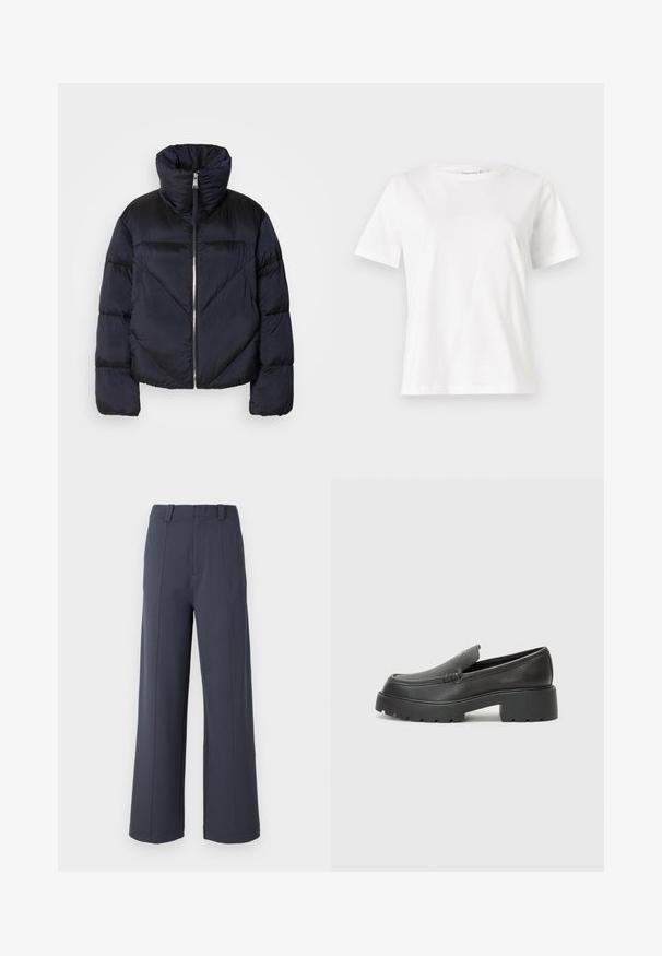 Casaco tipo puffer em azul marinho escuro com colarinho alto, apresentando um fecho metálico e detalhes de costura diagonal. Feito de um tecido leve e brilhante.; T-shirt de algodão branco com mangas curtas, decote redondo e um corte descontraído. Textura suave, sem padrões ou detalhes, design minimalista.; Calças de perna larga em tecido cinza escuro. As características incluem uma cintura alta, pregas frontais e uma textura suave com passantes para cinto.; Mocassins de couro preto com bico arredondado, sola espessa e texturizada, e detalhes de costura minimalistas. Design elegante sem atacadores ou ferragens visíveis.