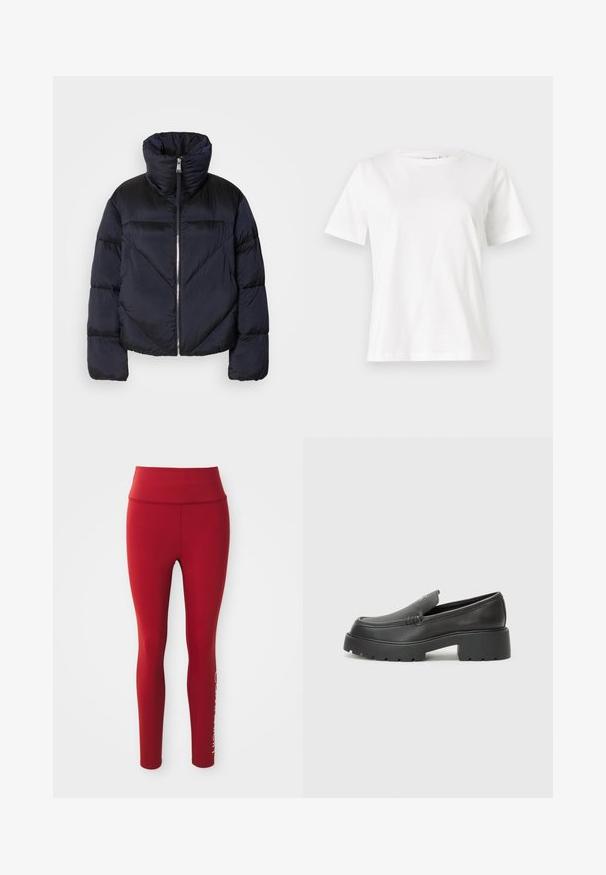 Casaco tipo puffer em azul marinho escuro com colarinho alto, apresentando um fecho metálico e detalhes de costura diagonal. Feito de um tecido leve e brilhante.; T-shirt de algodão branco com mangas curtas, decote redondo e um corte descontraído. Textura suave, sem padrões ou detalhes, design minimalista.; Leggings vermelhos de cintura alta, comprimento total, com costura lateral visível e logótipo da marca parcial em branco na parte inferior da perna direita, contra um fundo branco.; Mocassins de couro preto com bico arredondado, sola espessa e texturizada, e detalhes de costura minimalistas. Design elegante sem atacadores ou ferragens visíveis.