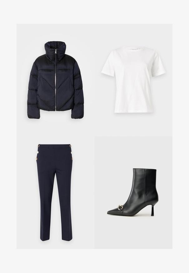 Puffjakke i mørk marineblå med høy krage, med metallglidelås og diagonale sømdetaljer. Laget av lett, glinsende stoff.; Hvit bomull t-skjorte med korte ermer, rund hals og avslappet passform. Glatt tekstur, ingen mønstre eller detaljer, minimalistisk design.; Mørkeblå bukser laget av glatt stoff, med slim passform, subtil tekstur, og gullknappdetaljer på sidelommene.; Sorte lær ankle boot med spiss tå, slank mid-høyde hæl og sølvspenne på siden mot en enkel bakgrunn.