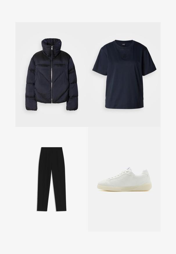 Puffer jacket in dark navy with high collar, featuring a metallic zipper and diagonal seam detailing. Made from lightweight, shiny fabric.; Navy blue short-sleeve t-shirt made of soft cotton. Features a rounded neckline and a subtle embroidered logo on the chest.; Black trousers with a straight fit, featuring double pleats, a smooth texture, and a classic waistband design. No visible hardware or accents.; HUGO RIVEN - Trainers - white