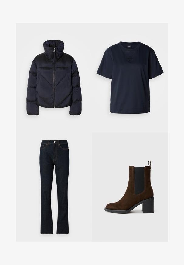 Dunjacka i mörk marinblå med hög krage, utrustad med en metallisk dragkedja och diagonala sömmar. Tillverkad av lätt, glansigt tyg.; Marinblå t-shirt med kort ärm, tillverkad av mjuk bomull. Har en rundad halsringning och en subtil broderad logotyp på bröstet.; Mörkblå denimjeans med rak benpassform, med orange sömmar, traditionell femfickdesign och metallknäppning.; Brun mockask stövel i ankellängd med rund tå, sidodel med elastisk panel och blockklack. Har en dragflik på baksidan för enkel påtagning.