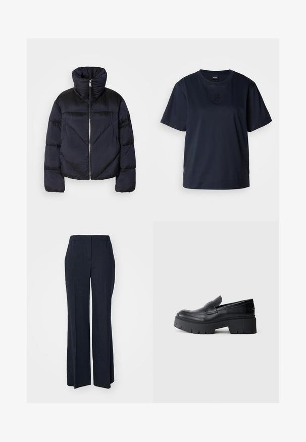 Sötét navy színű pufi dzseki magas gallérral, fém cipzárral és átlós varrásokkal. Könnyű, fényes anyagból készült.; Sötétkék, rövid ujjú póló, puha pamutból készült. Kerek nyakkivágással és egy diszkrét hímzett logóval rendelkezik a mellrészen.; Tengerészkék, bő szárú nadrág rugalmas derékkal, sima, könnyű anyaggal és tiszta vonalakkal. Zsebek és díszítések nélkül.; Fekete, vastag talpú loafer, sima bőr felsőrésszel, dekoratív pánttal és vastag, textúrázott talppal, fehér háttéren.