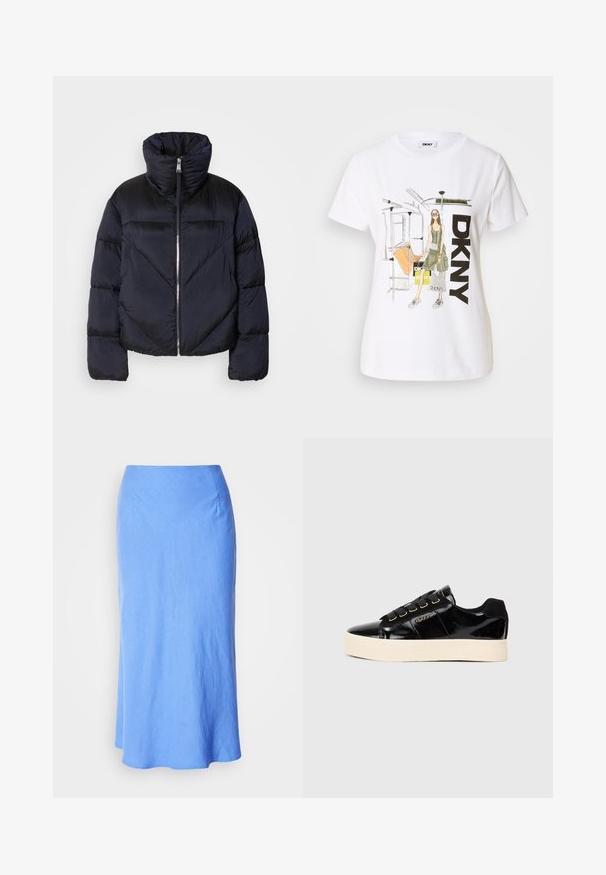 Puffermantel in dunkelblau mit hohem Kragen, ausgestattet mit einem glänzenden Reißverschluss und diagonalen Nahtdetails. Hergestellt aus leichtem, glänzendem Stoff.; Weißes Baumwoll-T-Shirt mit einer grafischen Illustration einer Frau, dem Text "DKNY" und Elementen der New Yorker U-Bahn. Lässiger Schnitt, kurze Ärmel.; Helles blau, langer Rock mit glatter Textur, ausgestellt am Saum und einfachem Design. Verfügt über einen taillierten Bund und subtile Nahtdetails.; Schwarze Lackleder-Sneaker mit einer flachen cremefarbenen Sohle. Merkmale sind schwarze Schnürsenkel, goldene Ösen und ein Logodetail an der Seite. Abgerundete Zehenform.