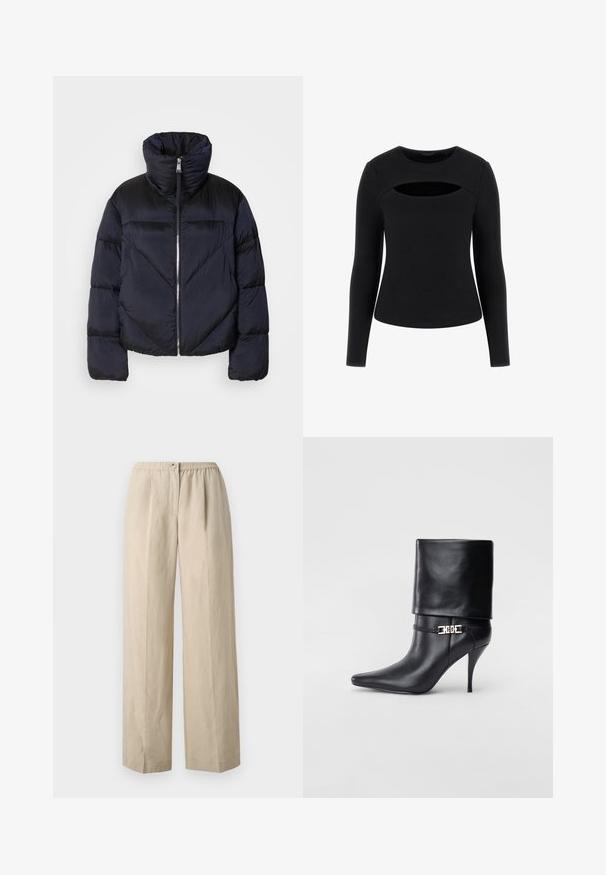 Tamsiai mėlyna pūkinė striukė su aukštu apykakle, turinti metalinę užtrauktuką ir įstrižas siūles. Pagaminta iš lengvos, blizgios medžiagos.; Juodas ilgomis rankovėmis viršus, pasižymintis griovelių textura ir unikalia išpjova krūtinėje, su apykakle ir prigludusia siluetu.; Šviesiai rudos, plačių kojų kelnės, pagamintos iš minkštos medžiagos su surinktu elastingu juosmeniu ir priekiniais mygtukais. Lygi tekstūra su klostėmis.; Juodos odinės kulkšninių botų su smailiu nosiu, aukštu stiletto kulnu, apvyniojamu kraštu ir auksine dekoratyvine sagtimi prie kulkšnies.