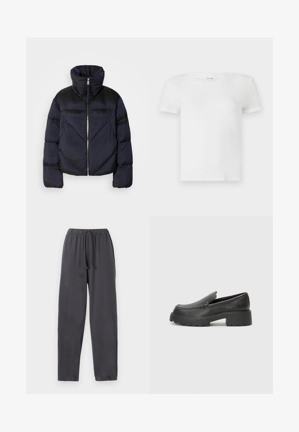 Puffjakke i mørk marineblå med høy krage, med metallglidelås og diagonale sømdetaljer. Laget av lett, glinsende stoff.; Hvit bomulls t-skjorte med rund hals og korte ermer. Stoffet ser jevnt ut med en lett tekstur og ingen synlige mønstre.; Mørkegrå joggebukser laget av myk stoff, med elastisk midje med snor, smale ben og elastiske mansjetter ved anklene.; Sorte skinnloafers med rund tå, tykk teksturert såle og minimale sømdetaljer. Strømlinjeformet design uten synlige snørebånd eller hardvarer.