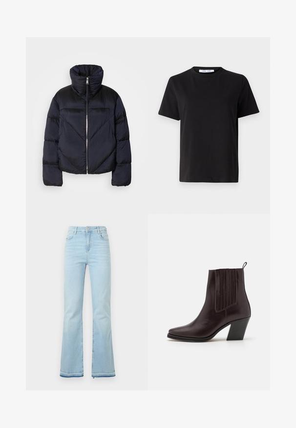 Puhumanteli tummansinisestä väristä, jossa on korkea kaulus, metallinen vetoketju ja vinot saumarivit. Valmistettu kevyestä, kiiltävästä kankaasta.; Musta lyhythihainen t-paita, joka on valmistettu pehmeästä puuvillasta. Paitassa on pyöreä kaula-aukko, rento malli ja sileä pinta. Ei näkyviä kuvioita tai graafisia elementtejä.; Vaaleansiniset levenevät farkut, jotka on valmistettu denimistä. Niissä on korkea vyötärö, etutaskut ja raaka helma lahkeissa rentoa ilmettä varten.; Musta ruskea nahkasaapas nilkkoihin, jossa on terävä kärki, pystysuora uritettu yksityiskohta sivuilla ja keskikorkuinen lohko korko.