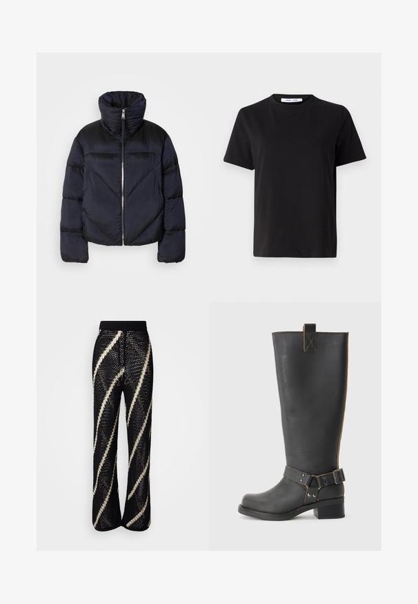 Jachetă puffer în navy închis cu guler înalt, având un fermoar metalic și detalii cu cusături diagonale. Fabricată dintr-un material ușor și lucios.; Tricou negru cu manșon scurt, fabricat din bumbac moale, având un guler rotund, o croială lejeră și o textură netedă. Fără modele sau grafice vizibile.; Pantaloni negri tricotati cu un design cu pantaloni evazați, având dungi albe diagonale îndrăznețe. Talie elastica și țesătură texturată.; Cizmă înaltă din piele neagră, cu un finisaj texturat, având un accent cu cataramă pe lateral și un toc mic. Cusături detaliate de-a lungul cusăturilor.
