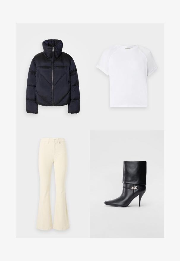 Tamsiai mėlyna pūkinė striukė su aukštu apykakle, turinti metalinę užtrauktuką ir įstrižas siūles. Pagaminta iš lengvos, blizgios medžiagos.; Balta medvilninė marškinėliai su apvaliu kaklu, trumpomis raglaninėmis rankovėmis ir laisvu siluetu. Lygus audinys be matomų raštų ar akcentų.; Grietos spalvos plačios džinsinio kelnės, pagamintos iš medvilnės, su aukštu juosmeniu, mygtukų užsegimu ir švariu dizainu be matomų raštų ar akcentų.; Juodos odinės kulkšninių botų su smailiu nosiu, aukštu stiletto kulnu, apvyniojamu kraštu ir auksine dekoratyvine sagtimi prie kulkšnies.