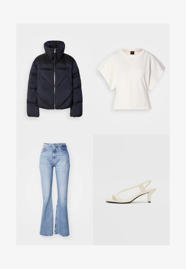 Tumši jūraszila pūkainā jaka ar augstu apkakli, ar metāla rāvējslēdzēju un diagonālām šuvēm. Izgatavota no viegla, spīdīga auduma.; Balts īsais T-krekls, plašas īsas piedurknes, mīksts kokvilnas materiāls, apaļa kakla izgriezums ar delikātu oranžu apdari, minimāls dizains, bez rakstiem vai grafikām.; Gaiši zili platās džinses no denima, ar augsto jostasvietu, piecu kabatu dizainu un maigu izbalēšanu gar kājām.; Beige bloku papēžu sandales ar plānām siksnām un kvadrāta formas purngalu. Gluda materiāla virsma ar minimālām detaļām, paredzētas ērtai nēsāšanai.