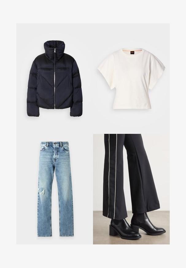 Puffer jacket in dark navy with high collar, featuring a metallic zipper and diagonal seam detailing. Made from lightweight, shiny fabric.; White cropped T-shirt, short wide sleeves, soft cotton material, round neckline with subtle orange trim, minimal design, no patterns or graphics.; Light blue denim jeans with a straight leg cut and distressed detail on the left knee. Classic five-pocket design with metal hardware accents.; Black leather ankle boots with a block heel, featuring elastic side panels. Paired with black pants that have a white side stripe.