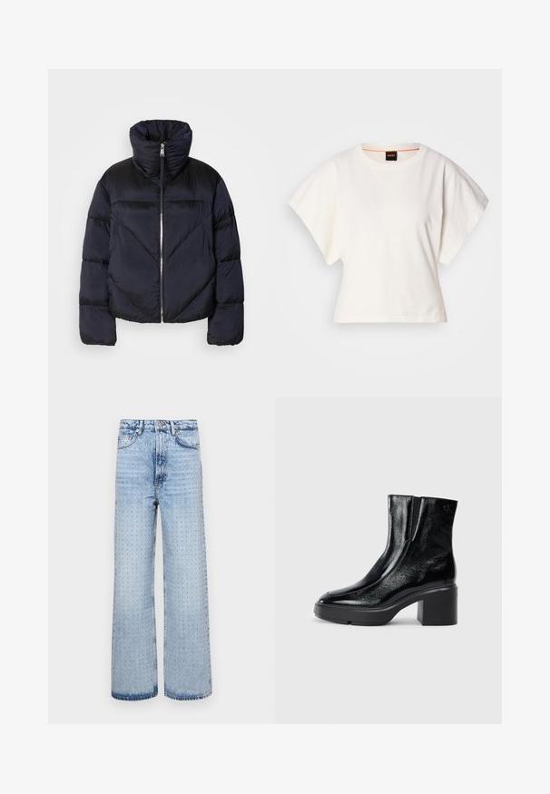 Jachetă puffer în navy închis cu guler înalt, având un fermoar metalic și detalii cu cusături diagonale. Fabricată dintr-un material ușor și lucios.; Tricou alb scurt, cu mâneci scurte și largi, din bumbac moale, cu decolteu rotund și un finisaj subtil portocaliu, design minimalist, fără modele sau grafice.; Jeanși din denim albastru deschis cu un design wide-leg, prezentând detalii perforate pe întreaga suprafață și un stil clasic cu cinci buzunare.; Bocanci de gleznă din piele lacuită neagră, cu vârf curbat, panouri elastice pe laterale și toc bloc masiv. Prezintă un logo embosat pe spate.