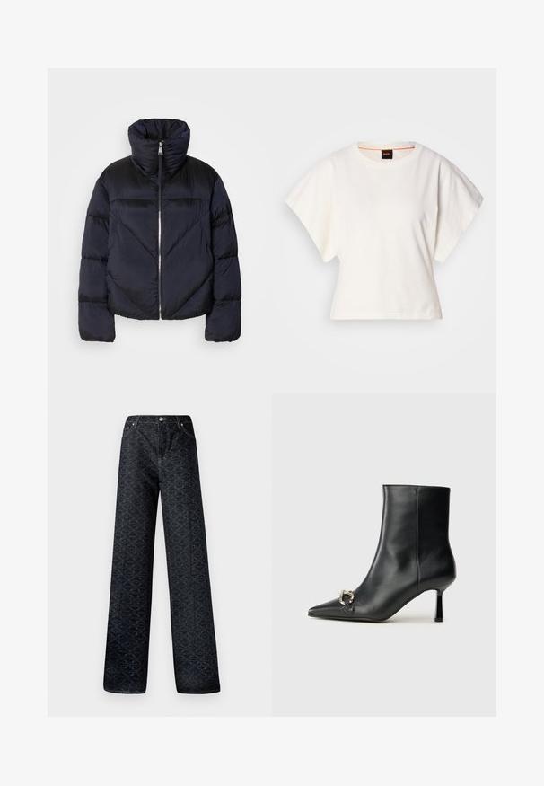 Tumedast meresinine puhvärk jacket kõrge kaelusega, millel on metalne tõmblukk ja diagonaalsed õmblused. Valmistatud kergest ja läikivast kangast.; Valge lühikeste laiadte varrukatega lühike T-särk, pehme puuvillane materjal, ümar kaelus kergelt oranži ääristusega, minimaalne disain, ilma mustrite ja graafikateta.; Tumedat sinised laiad püksid geomeetrilise mustriga, valmistatud denimist. Omab metallist nööpi, tõmbluku ja esipocketsi õmblemist.; Must mustanvärvi nahast pahklinetopp, millel on terav nina, peen keskmise kõrgusega konts ja hõbedane keha detail külgedel, taustal lihtne taust.