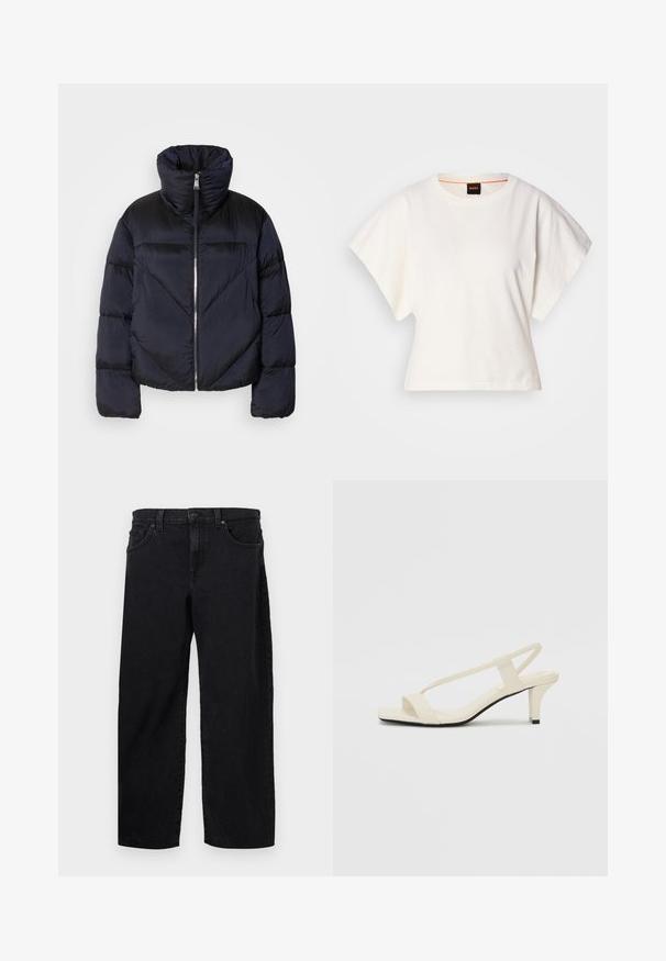 Puffer jacket in dark navy with high collar, featuring a metallic zipper and diagonal seam detailing. Made from lightweight, shiny fabric.; White cropped T-shirt, short wide sleeves, soft cotton material, round neckline with subtle orange trim, minimal design, no patterns or graphics.; Black denim jeans with a straight cut, featuring a button closure, five pockets, and subtle stitching details. Smooth texture.; Beige block-heeled sandals with thin straps and a square toe. Smooth material with minimal detailing, designed for easy wear.