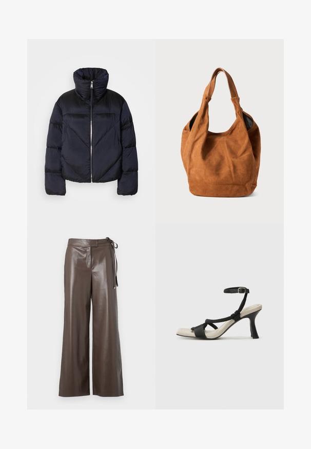 Puffervest i mørk navy med høj krave, prydet med en metallisk lynlås og skrå sømdetaljer. Lavet af let, skinnende stof.; Brun kortærmet t-shirt lavet af blødt bomuldsstof. Har en rund halsudskæring og en afslappet pasform uden yderligere mønstre eller accenter.; Brune faux læder vide bukser med høj talje og sidesnor-detalje på hvid baggrund.; Sorte hælede sandal med flettet remdesign, firkantet tå og justerbar ankelrem. Lys beige fodseng med en blank sort hæl.; Brun ruskind skuldertaske med en blød overflade, buet form og to håndtag. Har et minimalistisk design uden synligt hardware eller dekorationer.