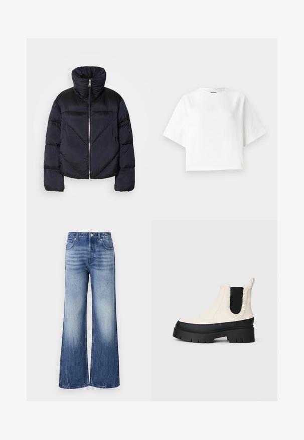 Jachetă puffer în navy închis cu guler înalt, având un fermoar metalic și detalii cu cusături diagonale. Fabricată dintr-un material ușor și lucios.; Tricou alb supradimensionat cu mâneci raglan scurte, fabricat dintr-un material moale. Prezintă un logo subtil pe piept și un decolteu rotund.; Jeanși largi bleu deschis, confecționați din denim, cu talie înaltă, textură decolorată și etichetă de marcă pe buzunarul din spate.; Bocanci cu platformă groasă, la gleznă, cu o parte superioară albă, talpă din cauciuc negru și panouri elastice laterale contrastante negre. O margine din blană artificială la vârful cizmei.