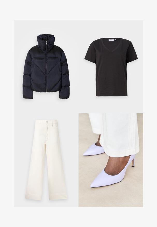 Puffermantel in dunkelblau mit hohem Kragen, ausgestattet mit einem glänzenden Reißverschluss und diagonalen Nahtdetails. Hergestellt aus leichtem, glänzendem Stoff.; Schwarzes Baumwoll-T-Shirt mit V-Ausschnitt und kurzen Ärmeln. Einfaches Design mit normalem Schnitt und ohne Muster oder Akzente.; Weite Hosen aus hellem beigen Baumwollstoff. Mit hoher Taille, vorderen Taschen und geradem Schnitt. Saubere Saumverarbeitung ohne Muster.; BOSS JANET - High Heel Pumps - medium purple