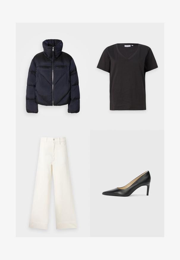Puffjakke i mørk marineblå med høy krage, med metallglidelås og diagonale sømdetaljer. Laget av lett, glinsende stoff.; Svart bomull T-skjorte med V-hals og korte ermer. Enkel design med vanlig passform og uten mønstre eller detaljer.; Vide bukser i lys beige bomull. Har høy midje, frontlommer og rett passform. Renslig søm uten mønstre.; Sorte lærhøye hæler med spiss tå og smal hæl, med en glatt overflate og nøytral innermateriale.