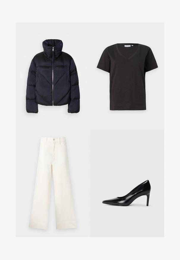 Giacca puffer di un blu navy scuro con colletto alto, dotata di una zip metallica e dettagli con cuciture diagonali. Realizzata in tessuto leggero e lucido.; T-shirt in cotone nero con scollo a V e maniche corte. Design semplice con vestibilità regolare, senza motivi o dettagli.; Pantaloni a gamba larga in cotone beige chiaro. Caratterizzati da vita alta, tasche anteriori e un taglio dritto. Orlo pulito senza motivi.; Scarpa con tacco alto in pelle nera, con punta affusolata, texture liscia e tacco rastremato. Design minimalista, senza ulteriori decorazioni.