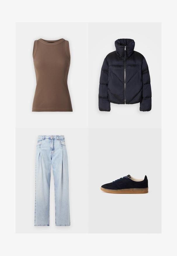 Puhumanteli tummansinisestä väristä, jossa on korkea kaulus, metallinen vetoketju ja vinot saumarivit. Valmistettu kevyestä, kiiltävästä kankaasta.; DRYKORN OLINA - Toppi - brown; Vaaleansiniset farkut, joissa on korkea vyötärö, leveälahkeinen leikkaus, kaksi sivutaskua ja pleatattu muotoilu. Pehmeä rakenne, jossa on haalistunut viimeistely.; Laivastonsininen mokkanahkainen tennari, jossa on kuminahkainen pohja, siniset nauhat ja minimalistinen muotoilu. Sivussa on kohokuvioitu logo ja sisäpuolella sileä vuori.