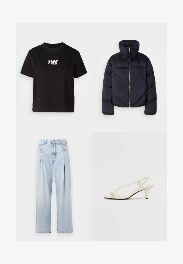 Puhumanteli tummansinisestä väristä, jossa on korkea kaulus, metallinen vetoketju ja vinot saumarivit. Valmistettu kevyestä, kiiltävästä kankaasta.; Mustapaitainen puuvillapaita, jossa on pyöreä pääntie ja lyhyet hihat. Etuosa vasemmassa rintakehässä on valkoinen ja vaaleanpunainen "CK" -logo.; Vaaleansiniset farkut, joissa on korkea vyötärö, leveälahkeinen leikkaus, kaksi sivutaskua ja pleatattu muotoilu. Pehmeä rakenne, jossa on haalistunut viimeistely.; Beige sandaalit, joissa on loiva korko, ohuet hihnat ja neliönmallinen varvasosa. Sileä materiaali, jossa on minimaalista yksityiskohtaa, suunniteltu helppokäyttöiseksi.