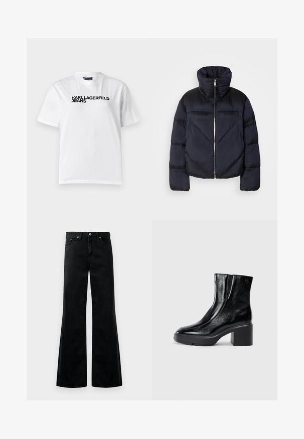Dunjacka i mörk marinblå med hög krage, utrustad med en metallisk dragkedja och diagonala sömmar. Tillverkad av lätt, glansigt tyg.; Vit bomullströja med rund halsringning, korta ärmar och svart tryckt text som läser "KARL LAGERFELD JEANS" över bröstet.; Svarta denim flare jeans med hög midja, fem fickor och synliga sömdetaljer. Slät yta med en lätt glans.; Svarta lacklädersankelstövlar med rundad tå, elastiska sidopaneler och en chunky klack. Har en präglad logotyp på baksidan.