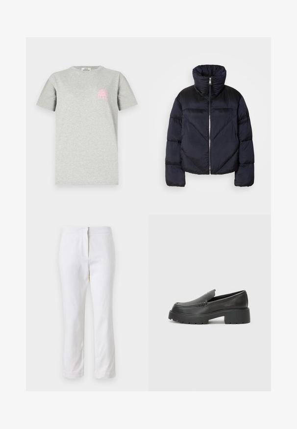 Tamsiai mėlyna pūkinė striukė su aukštu apykakle, turinti metalinę užtrauktuką ir įstrižas siūles. Pagaminta iš lengvos, blizgios medžiagos.; Pilkas medvilninis marškinėlis su apvaliu iškirpimu, trumpomis rankovėmis ir rožine grafika, vaizduojančia arką su saulės spinduliais kairėje krūtinės pusėje.; Balti medvilniniai kelnių su tiesiu kojų dizainu, turintys vidutinį liemenį ir be matomų detalių ar raštų. Lygi tekstūra visame paviršiuje.; Juodi odiniai loaferiai su apvaliu pirštu, storu tekstūruotu padu ir minimaliu siūlių dekoru. Išskirtinis dizainas be matomų raištelių ar furnitūros.