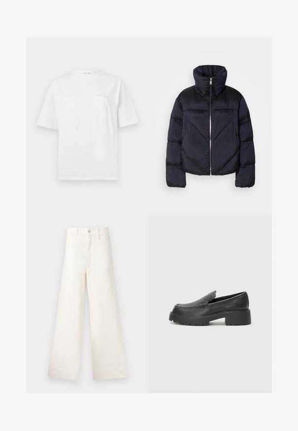 Puffer jacket in dark navy with high collar, featuring a metallic zipper and diagonal seam detailing. Made from lightweight, shiny fabric.; White cotton t-shirt with short sleeves, round neck, and minimal gray logo detail on the front. Smooth texture, regular fit.; Wide-leg trousers in light beige cotton. Features a high waist, front pockets, and a straight cut. Clean hem finishing without patterns.; Black leather loafers with a rounded toe, thick textured sole, and minimal stitching details. Sleek design with no visible laces or hardware.