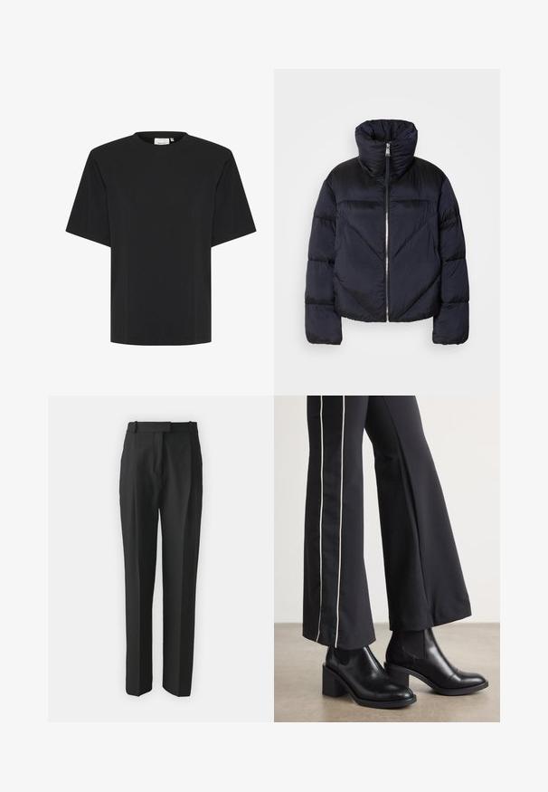 Tumši jūraszila pūkainā jaka ar augstu apkakli, ar metāla rāvējslēdzēju un diagonālām šuvēm. Izgatavota no viegla, spīdīga auduma.; Melna īsām piedurknēm t-krekls ar apaļu kakla izgriezumu, izgatavots no maigas, gludas auduma, ar brīvu piegriezumu un bez redzamām rakstām vai akcentiem.; Melnas pielāgotas bikses, izgatavotas no viegla auduma, ar taisnu griezumu, plakanu fronti un jostām. Gluda tekstūra bez redzamām rakstām.; Melnas ādas potīšu zābaki ar blokveida papēdi, aprīkoti ar elastīgām sānu paneļiem. Kombinēti ar melniem biksēm, kuru sānos ir baltas svītras.