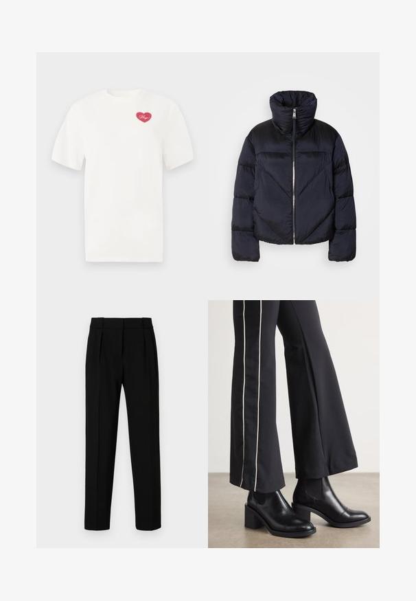 Puffer jacket in dark navy with high collar, featuring a metallic zipper and diagonal seam detailing. Made from lightweight, shiny fabric.; White cotton t-shirt featuring a pink heart-shaped graphic with the word "Hugs" in cursive. Short sleeves and relaxed fit.; Black tailored trousers with a straight fit, pleated front, polished fabric, and a medium waistband. No visible pockets or hardware details.; Black leather ankle boots with a block heel, featuring elastic side panels. Paired with black pants that have a white side stripe.