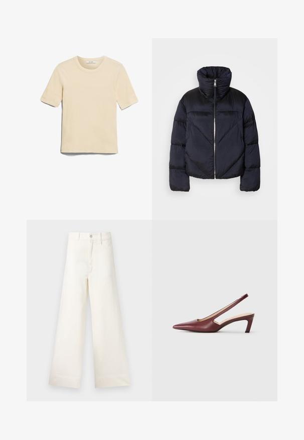 Sötét navy színű pufi dzseki magas gallérral, fém cipzárral és átlós varrásokkal. Könnyű, fényes anyagból készült.; Rövid ujjú, kerek nyakú póló világos bézs színben. Puha szövetből készült, sima tapintással, az "IVY OAK" feliratú címkével.; Világos bézs pamut széles lábú nadrág. Magas derék, elülső zsebek és egyenes vonalú fazon jellemzi. Tiszta, mintázat nélküli hem befejezés.; Burgundy színű, hegyes orrú, oldalán kivágott részletekkel rendelkező slingback sarkú cipők, közepes magasságú tömbsarkúval. Sima bőrfelület.