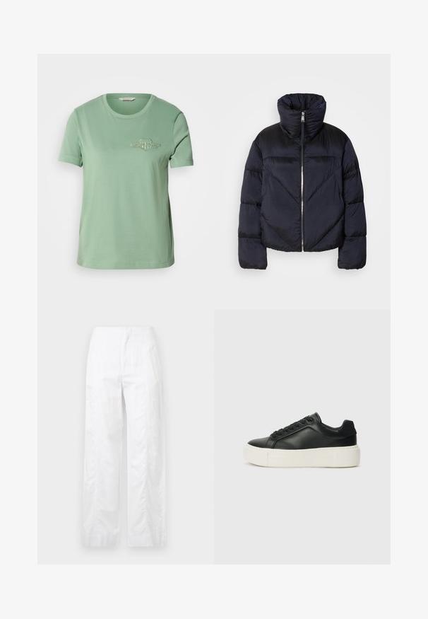 Puffer jacket in dark navy with high collar, featuring a metallic zipper and diagonal seam detailing. Made from lightweight, shiny fabric.; Light green cotton t-shirt with short sleeves, round neckline, and embroidered logo on the chest. Smooth texture and casual fit.; White wide-leg trousers made of lightweight fabric, featuring a smooth texture, clean lines, and a high waist design.; Black leather sneaker with a rounded toe, white platform sole, and black laces. Features a subtle logo on the heel and smooth texture.