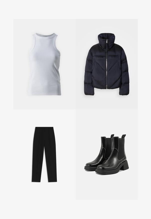 Giacca puffer di un blu navy scuro con colletto alto, dotata di una zip metallica e dettagli con cuciture diagonali. Realizzata in tessuto leggero e lucido.; Top senza maniche bianco realizzato in morbido cotone elasticizzato. Presenta un colletto alto e una texture liscia senza fantasie né dettagli.; Pantaloni neri a taglio dritto, con doppie pieghe, una texture liscia e un design classico in vita. Nessun hardware o dettaglio visibile.; Stivali Chelsea in pelle nera con tacco spesso, pannelli elasticizzati sui lati e cuciture bianche a contrasto. Finitura testurizzata.