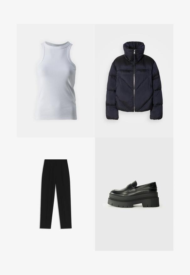 Pufferjack in donker marineblauw met hoge kraag, voorzien van een metallic rits en diagonale naaddetails. Gemaakt van een lichte, glanzende stof.; Witte mouwloze tanktop van zacht, rekbaar katoen. Beschikt over een hoge halslijn en een gladde textuur zonder patronen of accenten.; Zwarte broeken met een rechte pasvorm, voorzien van dubbele plooien, een zachte textuur en een klassiek taillebandontwerp. Geen zichtbare hardware of accenten.; Zwarte lederen loafers met een chunky plateauzool. Rondere neus, naden aan de voorkant en subtiele stikselaccenten. Vlakke, gestructureerde buitenzool.