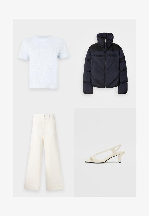 Puffer jacket in dark navy with high collar, featuring a metallic zipper and diagonal seam detailing. Made from lightweight, shiny fabric.; Light blue short-sleeve t-shirt featuring a repetitive logo pattern, crew neckline, and soft fabric texture. Minimalist design.; Wide-leg trousers in light beige cotton. Features a high waist, front pockets, and a straight cut. Clean hem finishing without patterns.; Beige block-heeled sandals with thin straps and a square toe. Smooth material with minimal detailing, designed for easy wear.