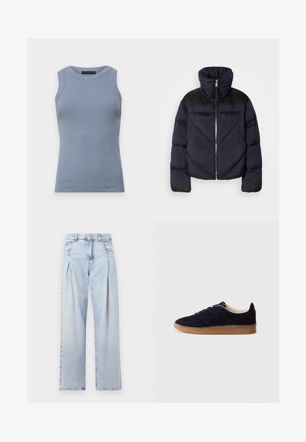 Pružná bunda v tmavě námořnické barvě s vysokým límcem, obsahující kovový zip a diagonální švy. Vyrobena z lehkého, lesklého materiálu.; DRYKORN OLINA - Top - blau; Světlé modré džíny z denimu s vysokým pasem, širokým střihem, dvěma bočními kapsami a nařaseným designem. Měkká textura s vybledlým povrchem.; Námořnicky modrá semišová teniska s podrážkou z gumové pryže, modrými tkaničkami a minimalistickým designem. Na boku je vyražené logo a uvnitř je hladká podšívka.