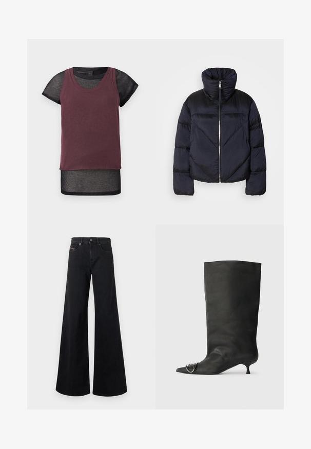 Tumedast meresinine puhvärk jacket kõrge kaelusega, millel on metalne tõmblukk ja diagonaalsed õmblused. Valmistatud kergest ja läikivast kangast.; Lühikeste varrukatega top, millel on bordoopunane sisekiht ja must läbipaistev väliskiht. Omab ümarat kaelust ja kontrastseid ääri. Pehme tekstuur.; Mustad laia säärega teksapüksid denimist, kõrge vöökohaga, nööpidega sulgemine, esitaskud ja minimalistlikud õmblused.; Must musta põlve kõrgune saapakäik terava nina, väike konts ja metallist aktsentdetail nina peal. Ühtlane, matt tekstuur kogu ulatuses.