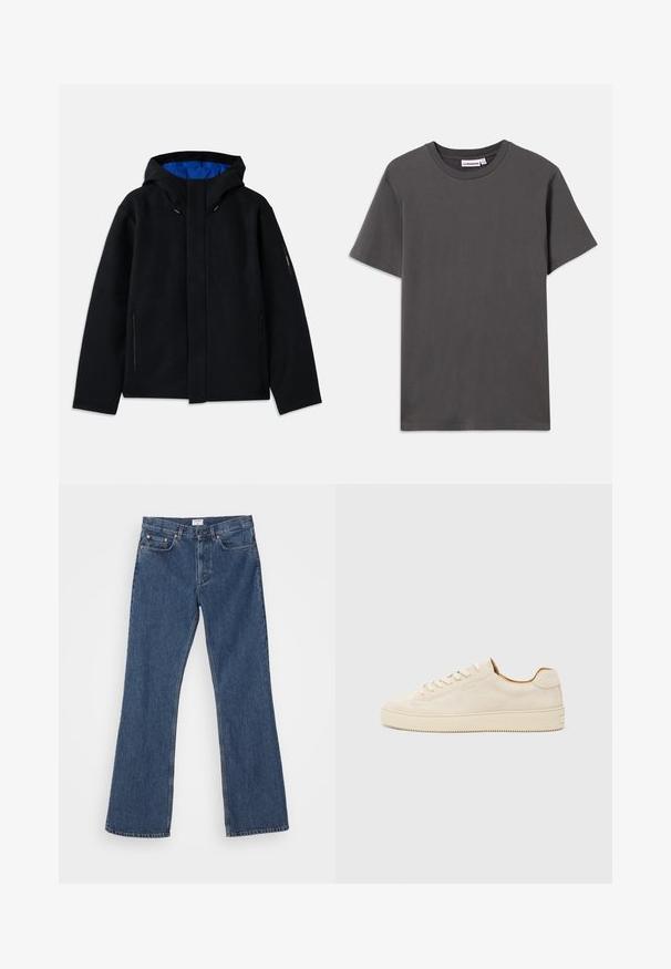 Juodas gobtuvas su mėlynu vidumi, turi dvi šonines kišenes su užtrauktukais, tiesią fasoną ir reguliuojamus raiščius ant gobtuvo.; Tamsiai pilkas trumpomis rankovėmis apvalaus kaklo marškinėliai su mažu baltu prekių ženklu vidinėje apykaklės pusėje, ant balto fono.; Filippa K Šiek tiek platėjantys apačioje džinsai - washed mid blue; Šviesiai rudos zomšinės sportbačiai su žemu profiliu, apvaliu pirštu, plokščiomis raišteliais ir tekstūruota guma. Minimalistinis stilius be matomų logotipų.