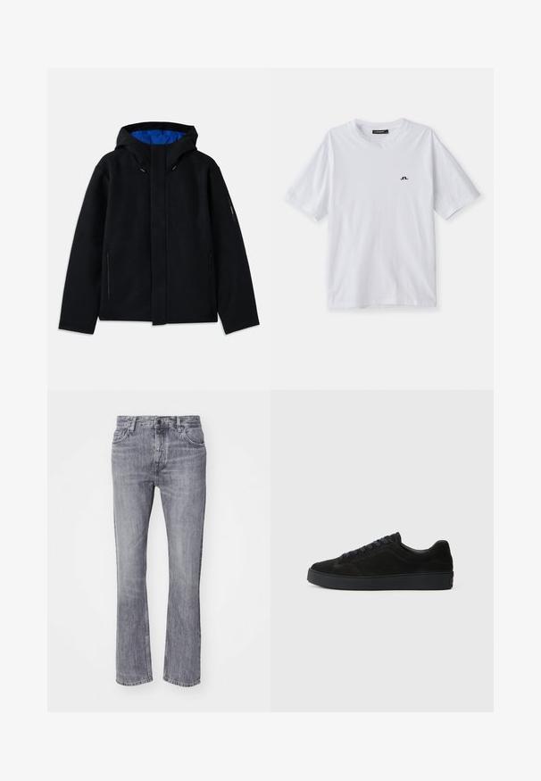Svart hettegenser med blå innside, med to glidelåslommer på siden, rett snitt og justerbare snorer på hetten.; Hvit bomull T-skjorte med rund hals og korte ermer, med en liten svart logo på brystet. Glatt tekstur og avslappet passform.; Grå denim flared jeans med en falmet finish, fem lommer, frontknaplukning og bæltestropper. Klassisk lige ben design.; Svart semsket sneaker med en flat, teksturert såle, rund tupp, seks hull for snøring og et minimalistisk design.