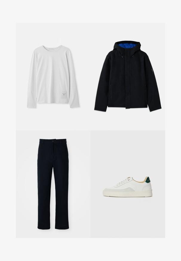 Crna kapuljača s plavim unutrašnjim dijelom, koja ima dva bočna džepa na patentni zatvarač, ravnog je kroja i s podešavanjima na kapuljači.; Bijela majica dugih rukava od mekanog pamuka. Ima okrugli izrez i malu oznaku brenda na donjoj lijevoj strani.; Mornarsko plave hlače od pamuka, s ravnim krojem, prednjim kopčanjem na gumb i klasičnim pojasom s petljama za remen.; Bijele tenisice s akcentima od antilopa, zaobljenim vrhom, ravnim vezicama i krem gumenim potplatom. Imaju zelenu oznaku na peti.