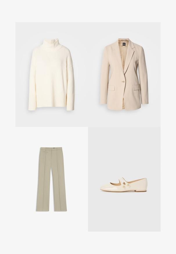 Beige blazer made of smooth fabric, featuring a single button closure, two front pockets, and a notched lapel design. Interior is tan.; Cream-colored turtleneck sweater, crafted from textured knit fabric, featuring ribbed cuffs and hem, with a relaxed fit and side slits.; Beige tailored trousers featuring wide legs, front pleats, two horizontal side pockets, and a smooth, slightly textured fabric.; Ivory patent leather ballet flats with two decorative straps and gold buttons, featuring a rounded toe and low block heel.